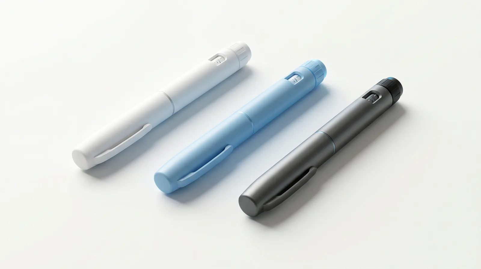 Three weight-loss injector pens side by side for comparison on a clean studio surface