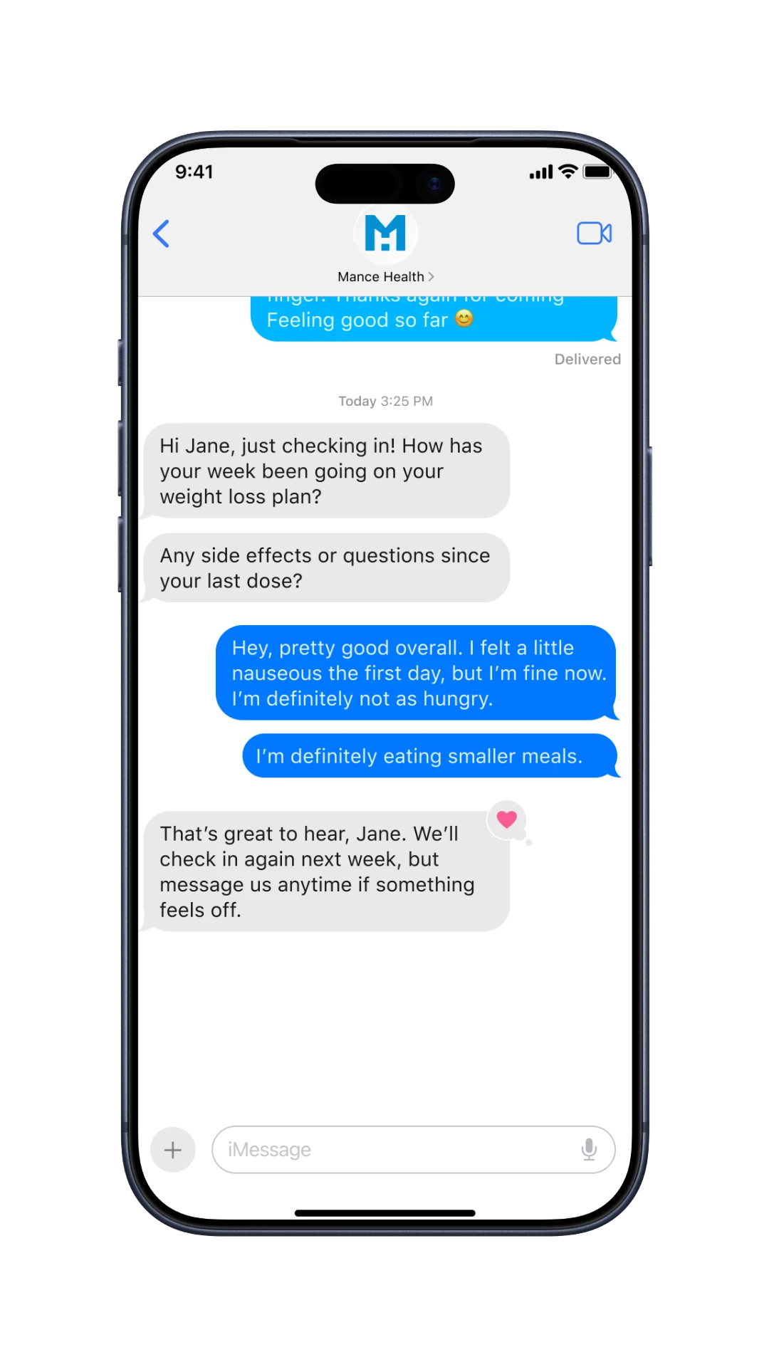 Screenshot of secure care messaging and check-ins in the ManceHealth app